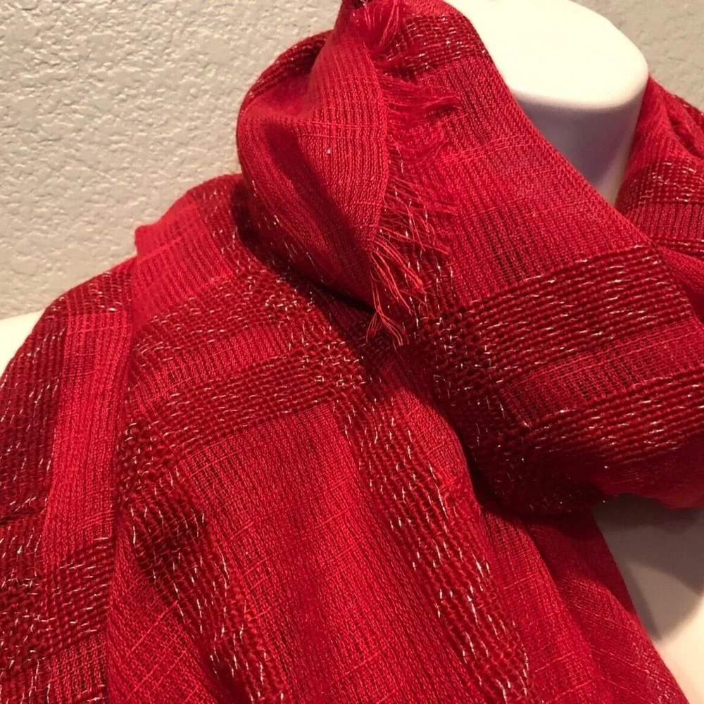(NWT) Cejon Women's Red Lurex Check Scarf/Wrap ONE SIZE